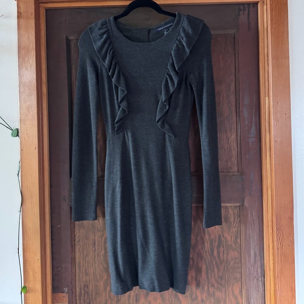 French Connection stretch-it-out ruffle front dress in charcoal grey